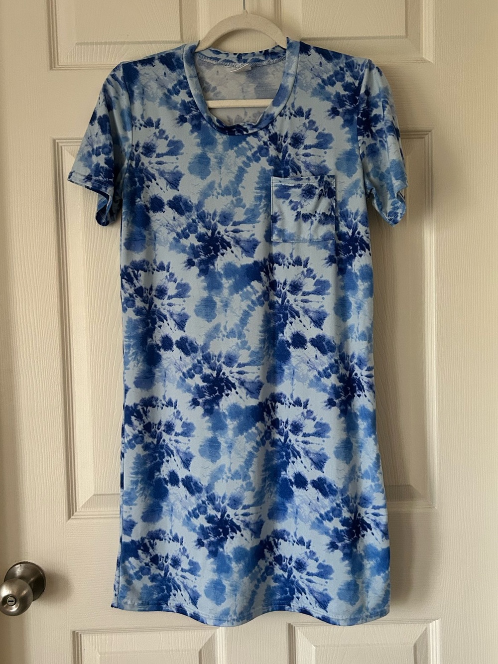 Blue Tie Dye Sleep Dress Short Sleeve Nightgown Pocket Women's Size S
